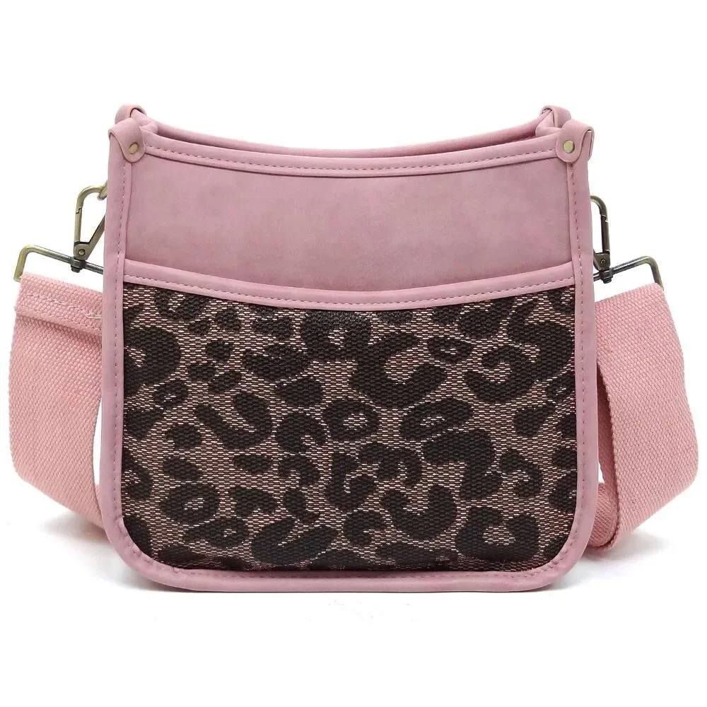 Women's Trendy Leopard Print Pink Colorblock Guitar Strap Hobo Crossbody Bag